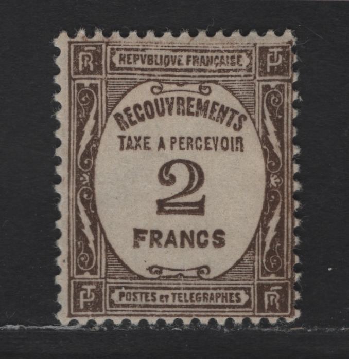 Lot 185 France SC#J65 2fr Olive Brown Numeral, 1927-1931 Postage Dues, A FOG Single