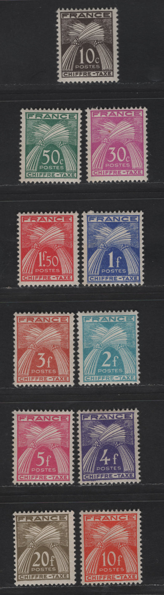 Lot 186 France SC#J69-J79 10c - 20fr Sepia - Olive Bistre Sheaf of Wheat, 1943-1946 Postage Dues, 11 F/VFOG Singles, Inscribed Chiffre -Taxe