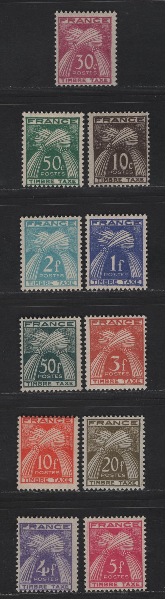 Lot 187 France SC#J80-J91 10c - 50fr Sepia - Dark Green Sheaf of Wheat, 1946-1953 Postage Dues, 11 F/VFOG Singles, Inscribed Timbre Taxe