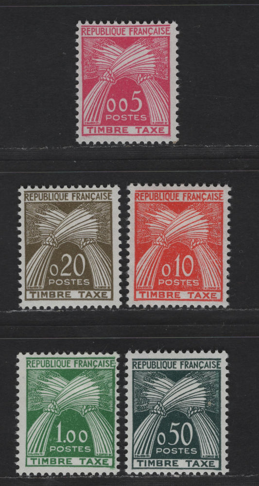 Lot 189 France SC#J93-J97 5c - 1fr Bright Pink - Deep Green Sheaf of Wheat, 1960 Postage Dues, 5 F/VFOG Singles