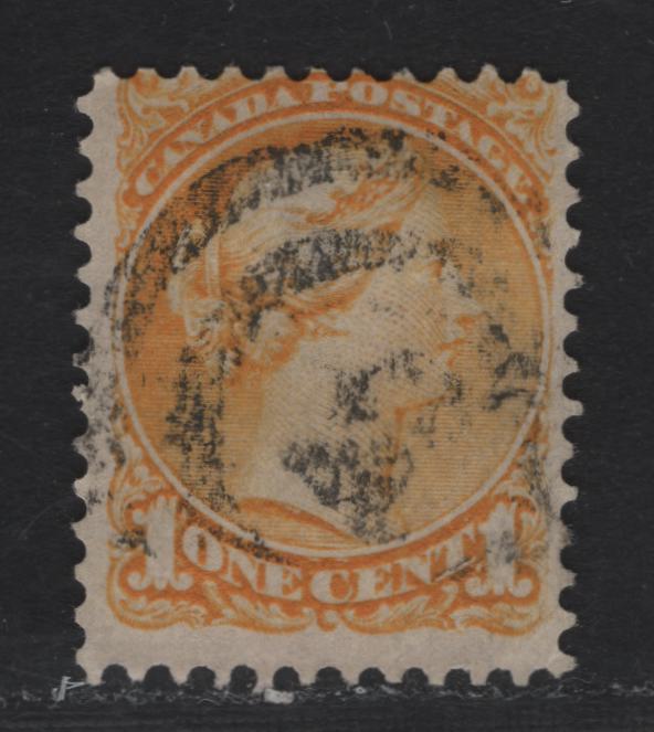 Lot 19 Canada #35i 1c Yellow Queen Victoria, 1870-1893 Small Queen Issue, A Fine Used Single, Late Montreal Printing, Paper Type LM-D, Hamilton 2 Ring Cancel, Perf 12
