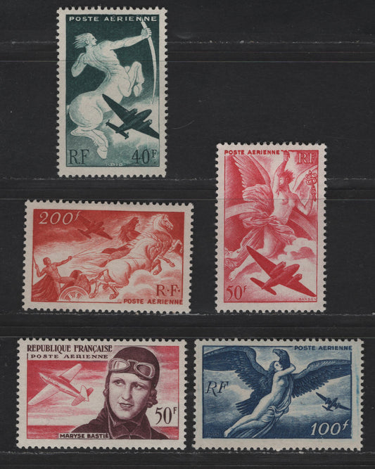 Lot 191 France SC#C18-C21, C33 40fr - 50fr Dark Green - Deep Plum & Rose Pink Centaur & Plane - Maryse Bastie, 1946-1955 Airmail Issues, 5 F/VFOG Singles