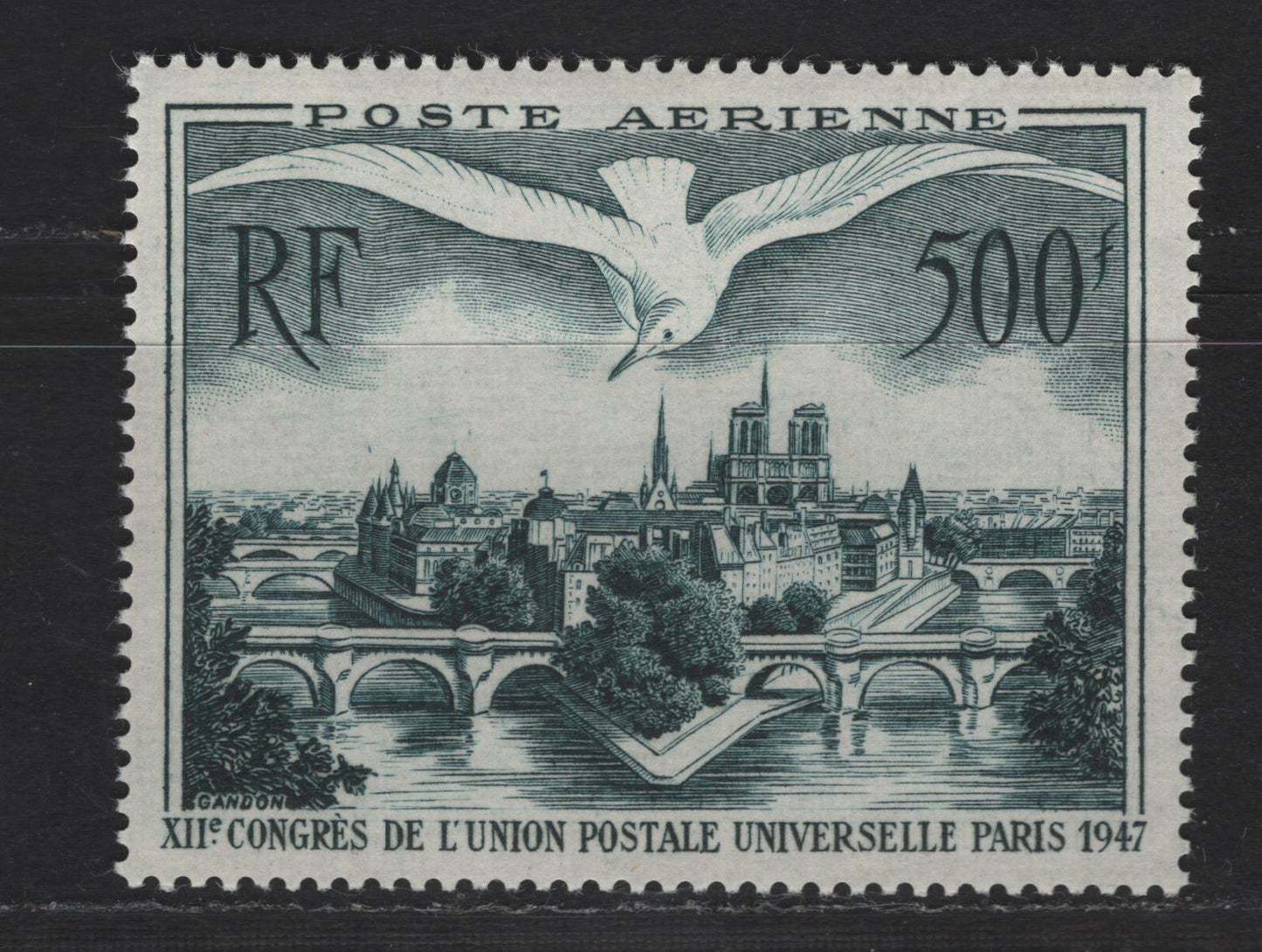 Lot 192 France SC#C22 500fr Dark Prussian Green Ile de la Cite Paris & Gull, 1947 UPU Congress Airmail Issue, A VFOG Single