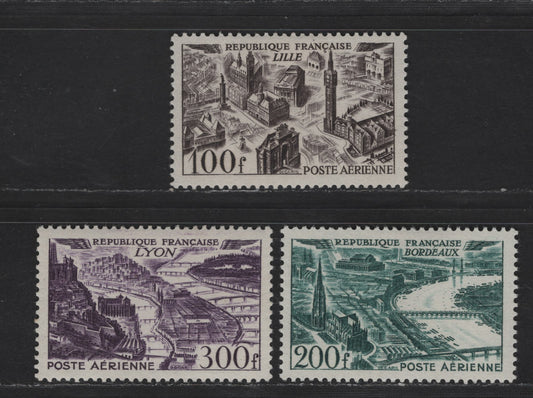 Lot 194 France SC#C23-C25 100fr - 300fr Sepia - Purple View of Lille, 1949-1950 Airmail Issue, 3 VFOG Singles