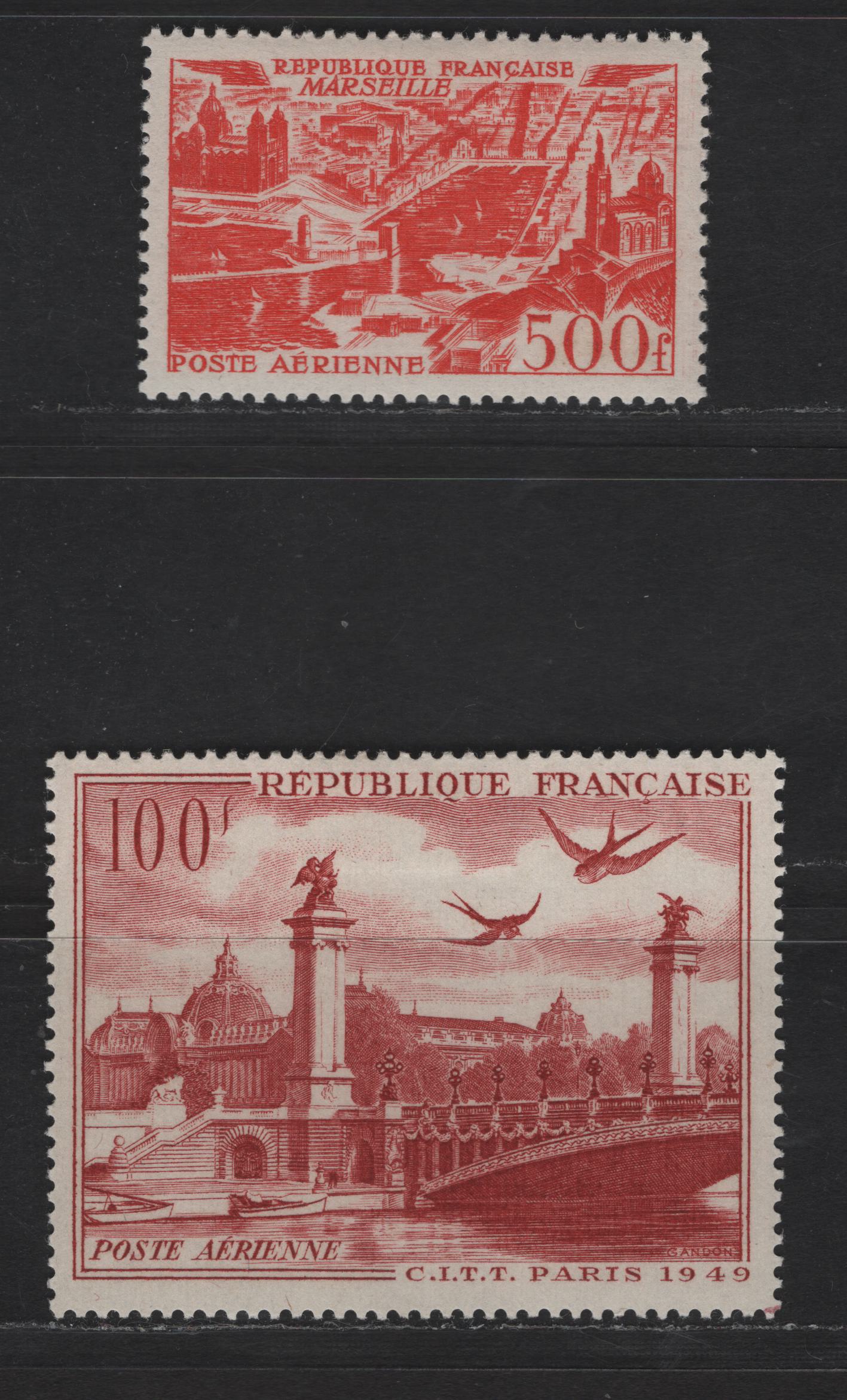 Lot 195 France SC#C26, C28 500fr - 100fr Bright Red - Brown Carmine View of Lille & Alexander III Bridge & Petit Palais, 1949 Airmail Issues, 2 VFOG/LH Singles