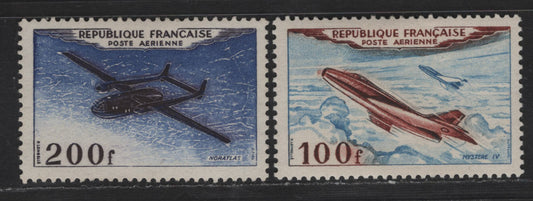 Lot 197 France SC#C29-C30 100fr - 200fr Red Brown & Blue - Black Brown & Violet Blue Jet Plane, Mystere IV, 1954 Airmail Issue, 2 VFOG Singles, Dull Fluorescent Paper