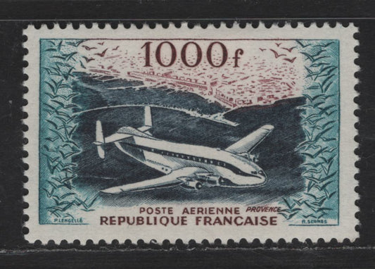 Lot 199 France SC#C32 1000fr Multicolored Jet Plane, Mystere IV, 1954 Airmail Issue, A VFOG Single, Hibrite Paper