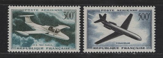 Lot 200 France SC#C34-C35 300fr - 500fr Multicolored Caravelle, 1957-1959 Airmail Issue, 2 VFOG Singles, Low Fluorescent Paper