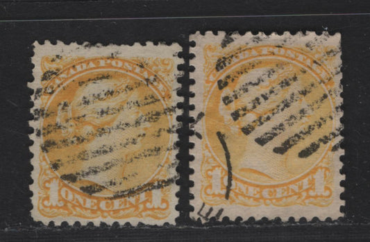 Lot 20 Canada #35ivar 1c Lemon Yellow & Pale Lemon Yellow Queen Victoria, 1870-1893 Small Queen Issue, 2 Fine Used Singles, Mid Montreal Printings, Paper Types MM-B, Without Position Dot On The Plane, Perf 12, Unlisted In Unitrade, But Not Gibbons