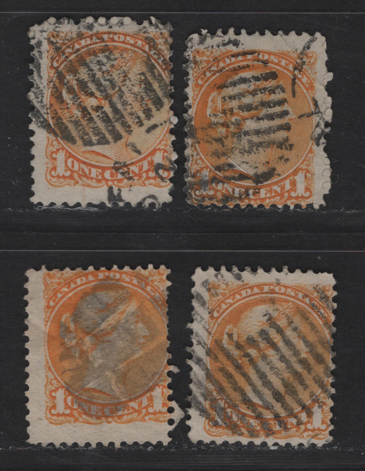 Lot 2 Canada #35a 1c Orange Queen Victoria, 1870-1893 Small Queen Issue, 5 Ungraded Used Singles, Reference Lot, Generally VG or Good, Various Paper Types, Perf 12