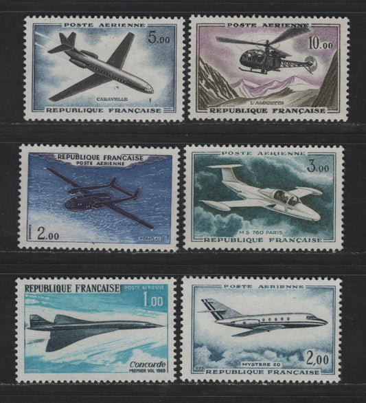 Lot 202 France SC#C37-C42 2fr - 1fr Violet Blue & Ultramarine - Indigo & Bright Blue Noratlas - Concorde, 1960-1969 Airmail Issue, 6 VFOG Singles, Dull Fluorescent, LF, F, HF & HB Papers