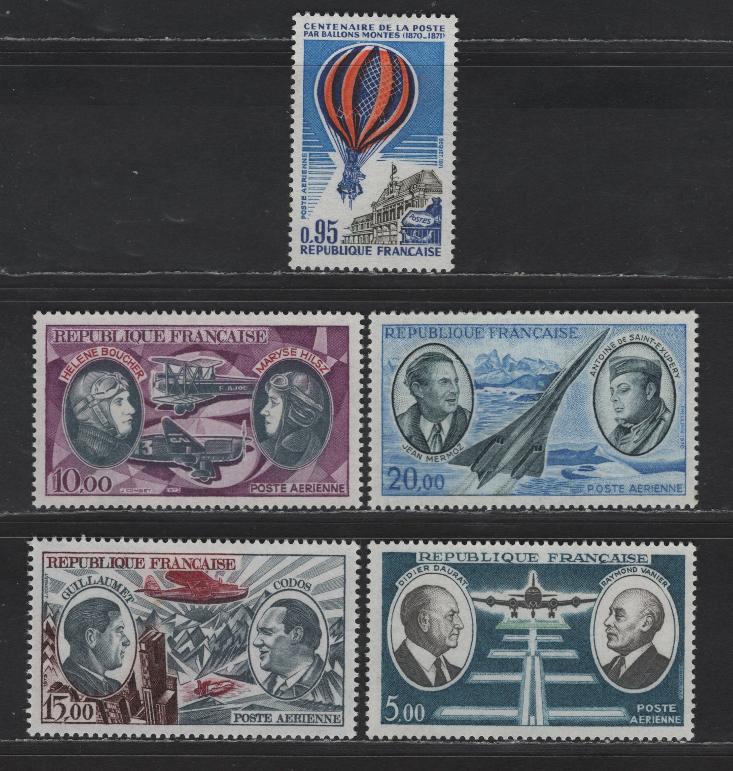 Lot 203 France SC#C43-C47 20fr - 15fr Multicolored Jean Mermoz, Antoine de Saint-Exupery - Henri Guillaumel, 1970-1973 Airmail Issue, 5 VFOG Singles, DF, Fluorescent, HF & HB Papers