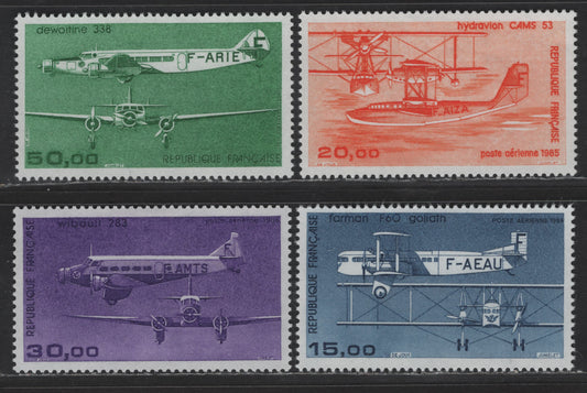 Lot 205 France SC#C56-C59 15fr - 50fr Dark Blue- Soft Green Farman F-60 Goliath - Dewoltine, 1984-1987 Airmail Issue, 4 VFOG Singles, Fluorescent, Medium Fluorescent & HB Papers