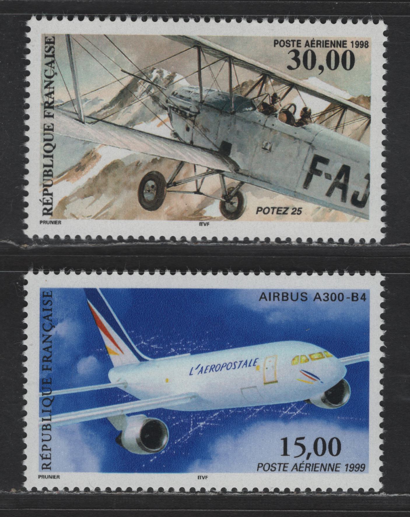 Lot 206 France SC#C61a-C62a 30fr - 15fr Multicolored Potez 25 - Airbus A-3000-B4, 1997-1999 Airmail Issue, 2 VFOG Singles, Perf 13x12.5, HF Paper