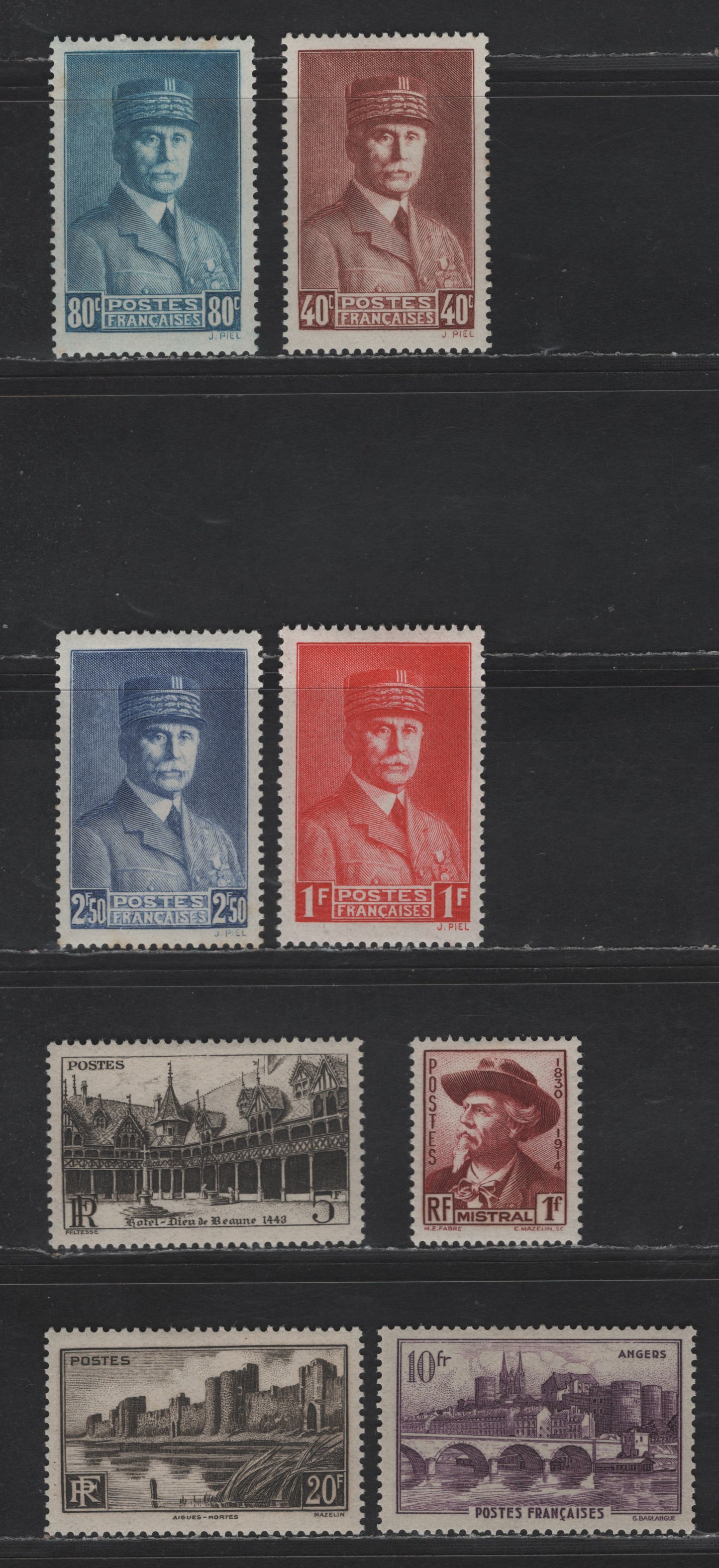 Lot 207 France SC#415-422 40c - 20fr Red Brown - Brown Black Petain - Scenic Views, 1941 Petain - Pictorial Issues, 8 VFOG Singles