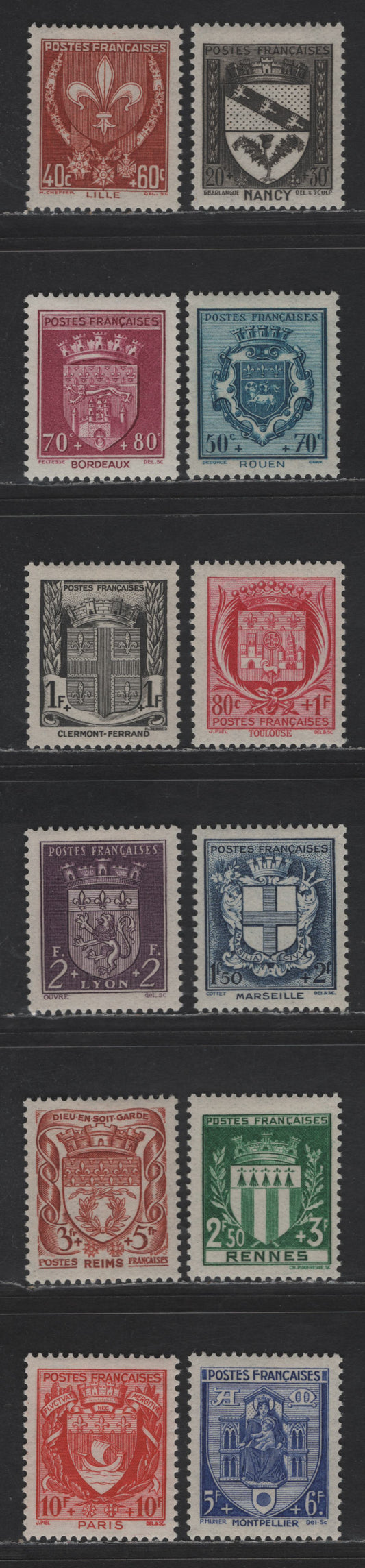 Lot 209 France SC#B117-B128 20c+30c - 10fr+10fr Broan Black - Dark Red Arms, 1941 Semi Postal Issue, 12 VFOG Singles