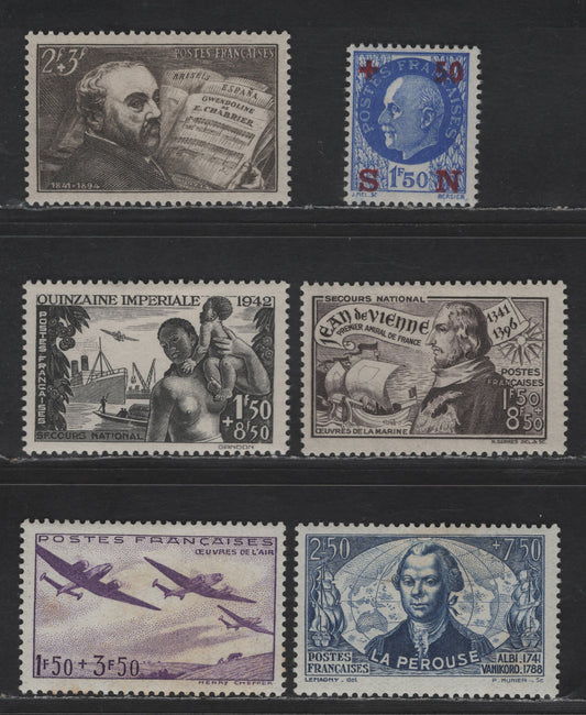 Lot 212 France SC#B129-B134 2.5fr+7.5fr - 1.5fr+50c Ultramarine - Bright Ultramarine Count de la Perouse - Overprinted, 1942 Semi Postal Issues, 6 F/VFOG Singles