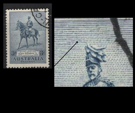 Lot 212 Australia SC#153var 3d Blue King George V, 1935 Silver Jubilee Issue, A Very Fine Used Single, Curved Line From King's Hat
