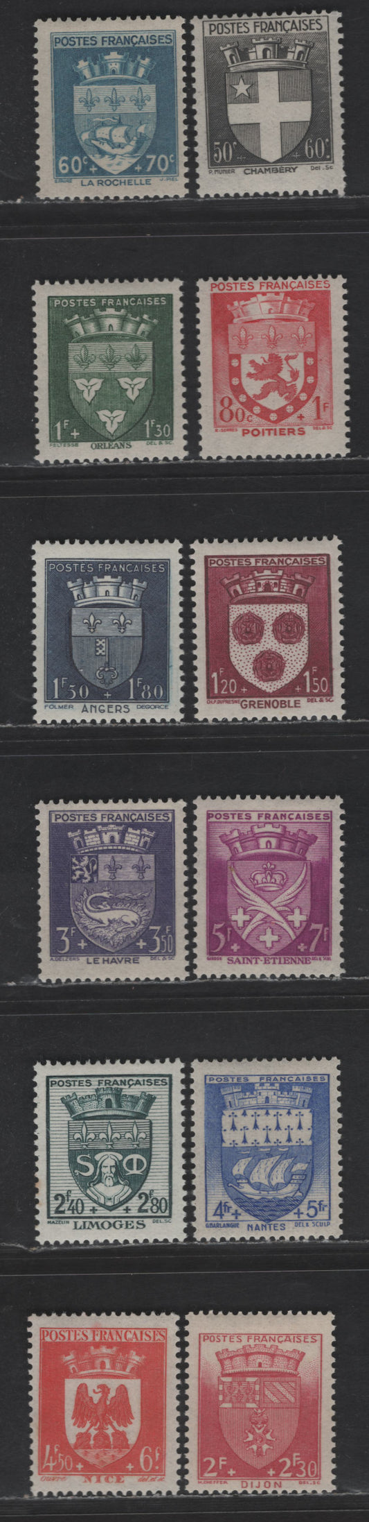 Lot 213 France SC#B135-B146 50c+60c - 5fr+7fr Black - Bright Red Violet Arms, 1942 Semi Postal Issue, 12 F/VFOG Singles