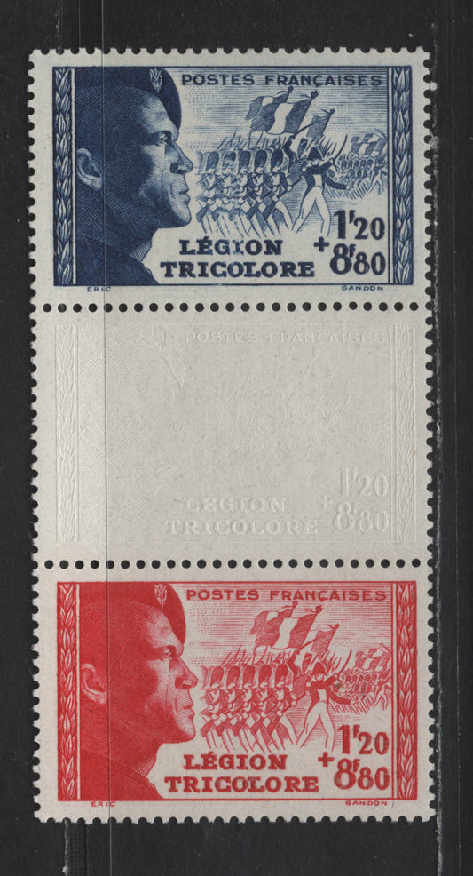 Lot 214 France SC#B147a 1.20fr+8.80fr Dark Blue - Crimson Tricolor Legion, 1942 Semi Postal Issue, A VFOG Pair, Plus Albino Impression