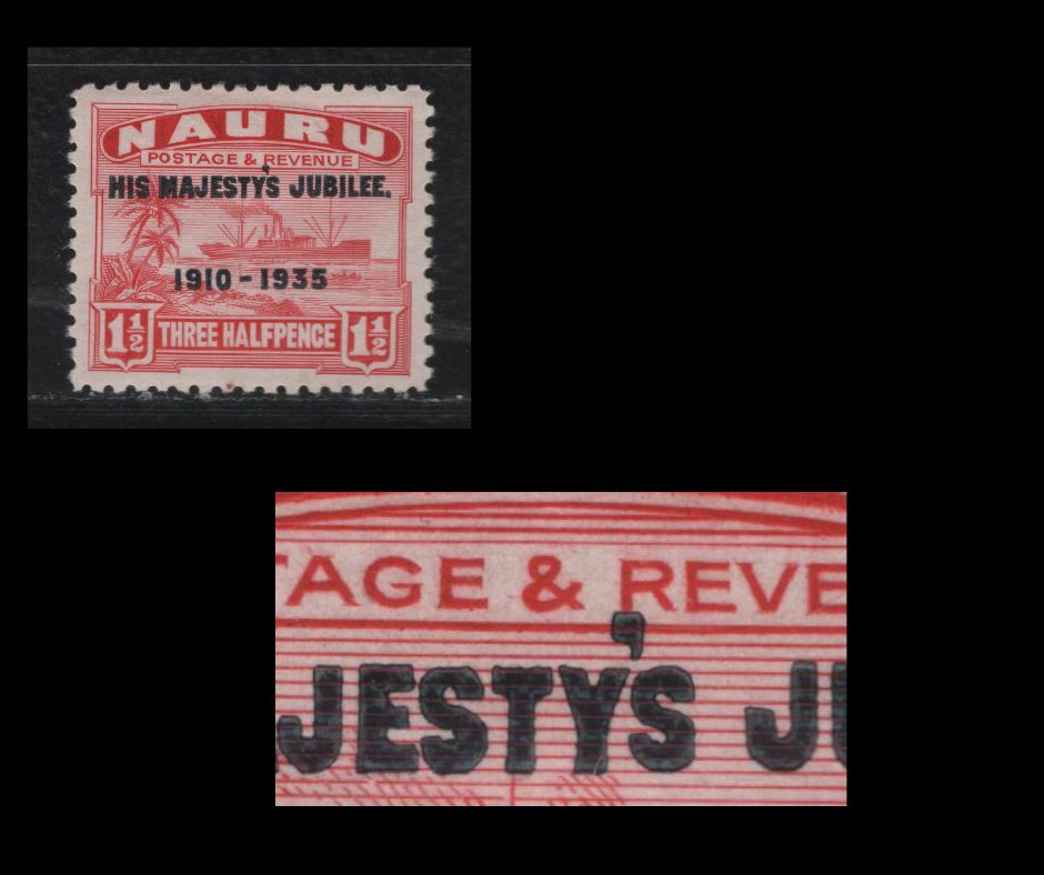 Lot 215 Nauru SC#31var 1.5d Red Steamship, 1935 Silver Jubilee Issue, A VFOG Single, Overprint Shifted Upward Into Postage & Revenue Panes