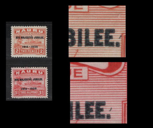 Lot 216 Nauru SC#31,32var 1.5d - 2d Red - Orange Steamship, 1935 Silver Jubilee Issue, 2 VFOG Singles, Overprint Showing Constant Variety, Small Slash After 'E' of Jubilee Unlisted