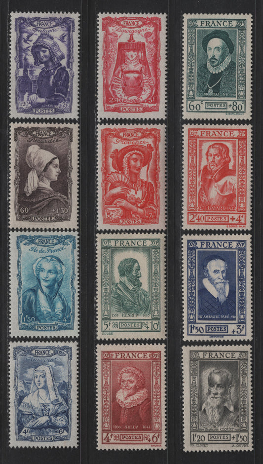 Lot 217 France SC#B161-B172 60c+80c - 5fr+7fr Prussian Green - Red 16th Century Frenchmen - Provence, 1943 Semi Postal Issues, 12 VFOG Singles