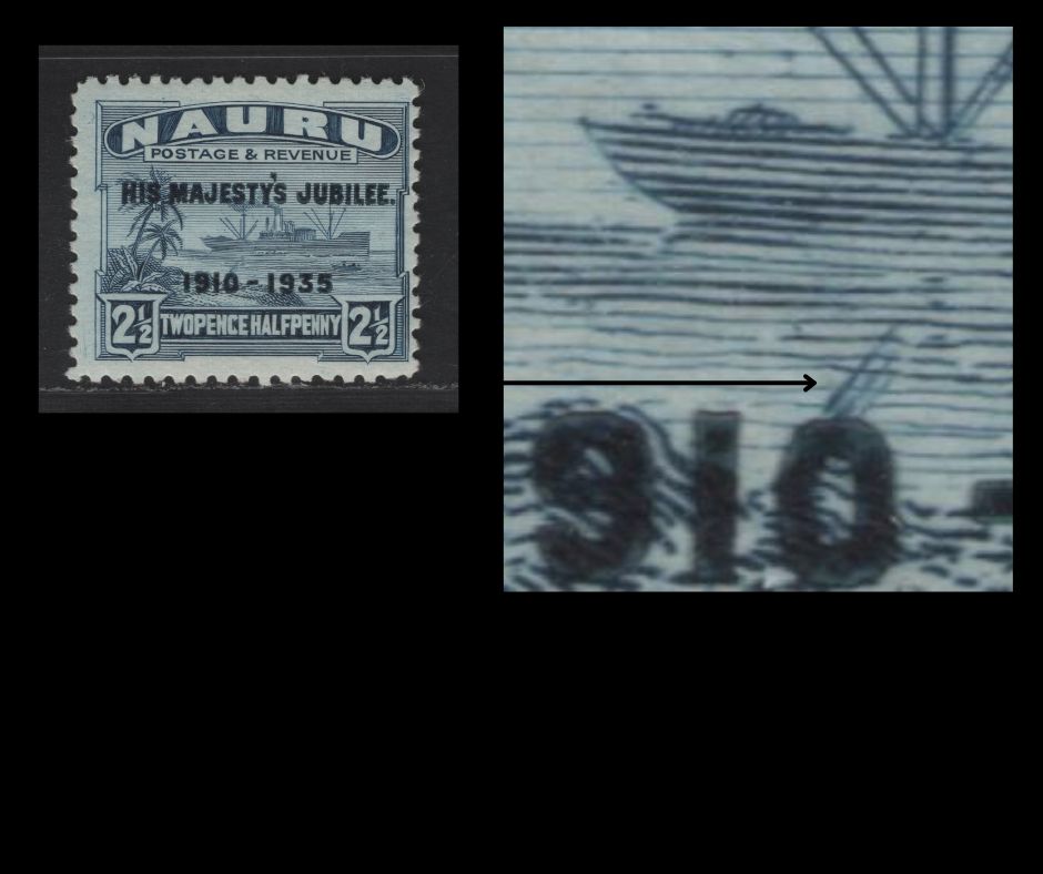 Lot 217 Nauru SC#33var 2.5d Blue Steamship, 1935 Silver Jubilee Issue, A FOG Single, Three Diagonal Scratches From Shoreline Into Water Near 'O' of 1910
