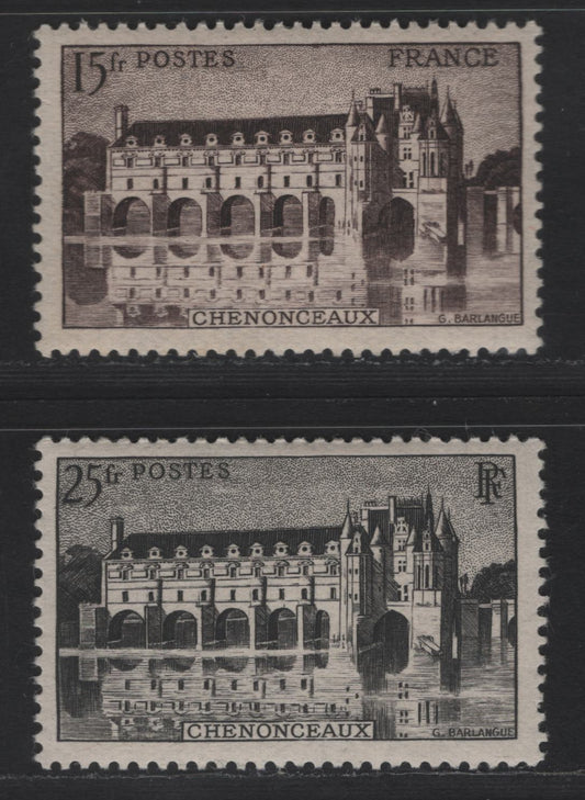 Lot 218 France SC#473a, 496 15fr - 25fr Black Brown - Black Chateau de Chenonceaux, 1944 Definitive Issues, 2 VFOG Singles