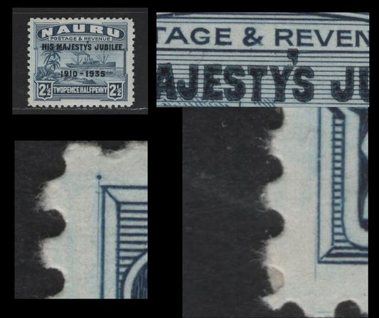 Lot 218 Nauru SC#33var 2.5d Blue Steamship, 1935 Silver Jubilee Issue, A VFOG Single, Overprint Shifted Upward, Guide Dot In Upper Left Margin, Vertical Hariline Down Left