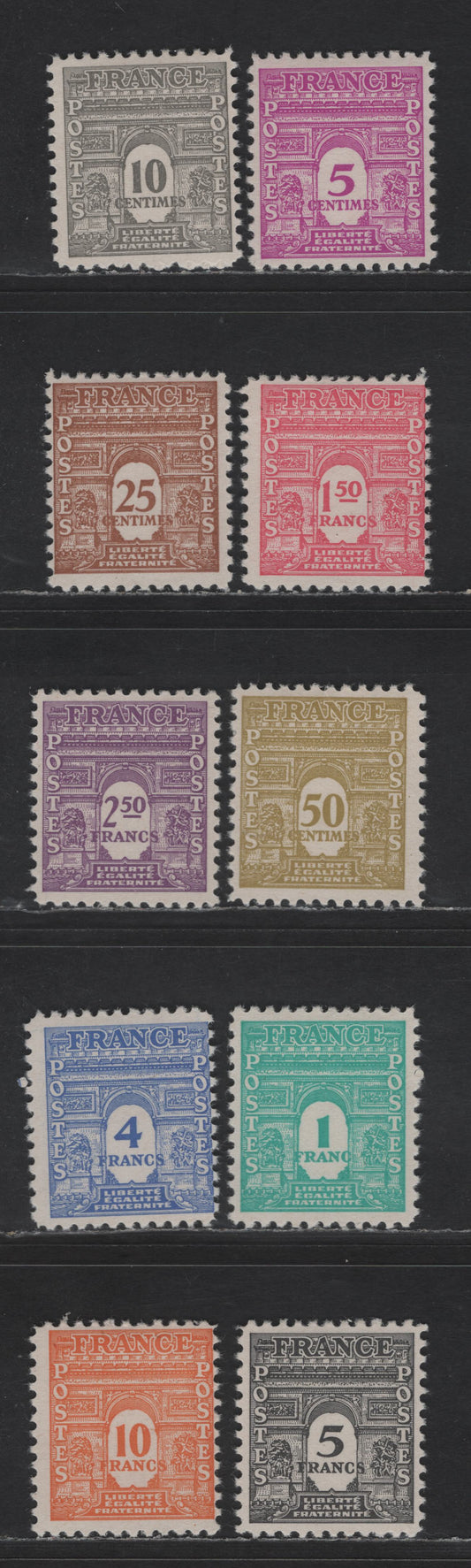 Lot 219 France SC#475-476H 5c - 10fr Bright Red Violet - Orange Arc de Triomphe, 1944 Pictorial Definitive Issue, 10 F/VFOG Singles