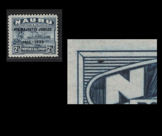 Lot 219 Nauru SC#33var 2.5d Blue Steamship, 1935 Silver Jubilee Issue, A VFOG Single, Showing Blob Joining Horizontal Lines In UL Corner