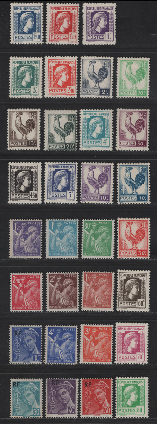 Lot 220 France SC#376/387, 477-495, 499-502 80c - 50c Green - Greenish Blue Iris, Mariane & Gallic Cock, 1944 Pictorial Issues, 31 F/VFOG Singles