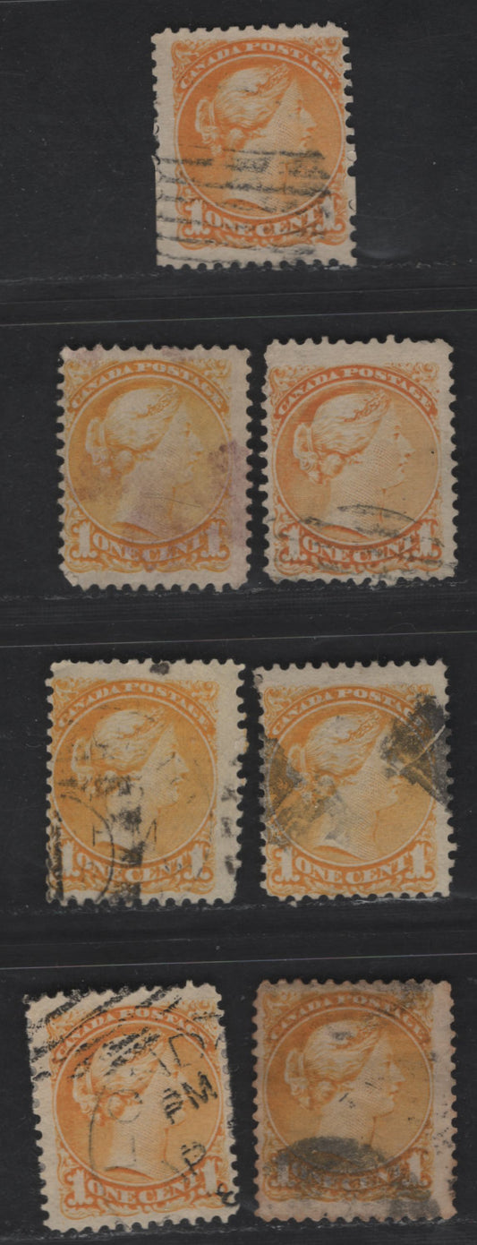Lot 22 Canada #35i 1c Deep Bright Yellow - Yellow Queen Victoria, 1870-1893 Small Queen Issue, 5 Very Good/Fine Used Singles, Late Montreal Printings, Shade Study Lot Without Respect To Paper, Without Plate Dots