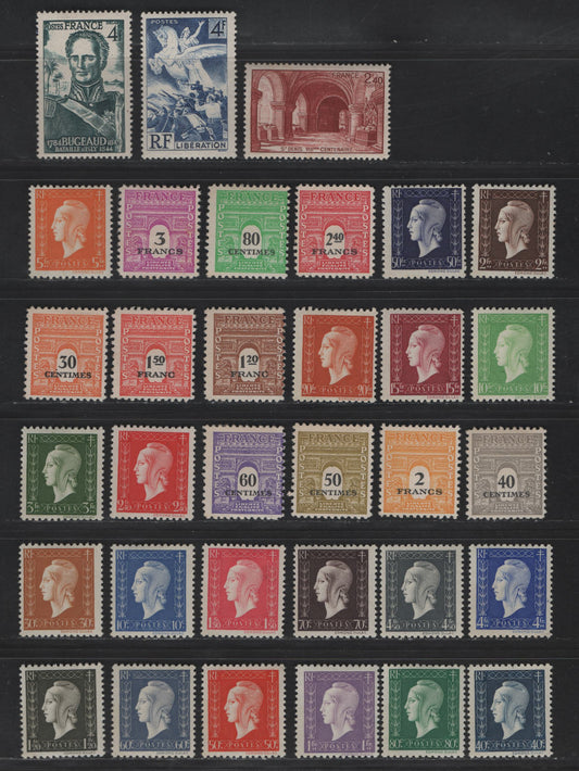 Lot 221 France SC#497-498, 503, 504-523J 4fr - 3fr Myrtle Green - Bright Red Violet Thomas Robert Bugeaud - Mariane, 1944-1947 Pictorial Issues, 33 F/VFOG Singles