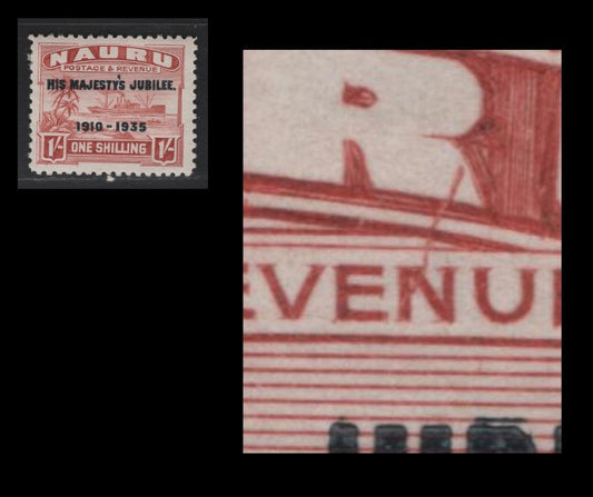 Lot 221 Nauru SC#34var 1/- Brown Red Steamship, 1935 Silver Jubilee Issue, A VFOG Single, Vertical Scratch Through 'N' of 'Revenue & 'R' Of Nauru