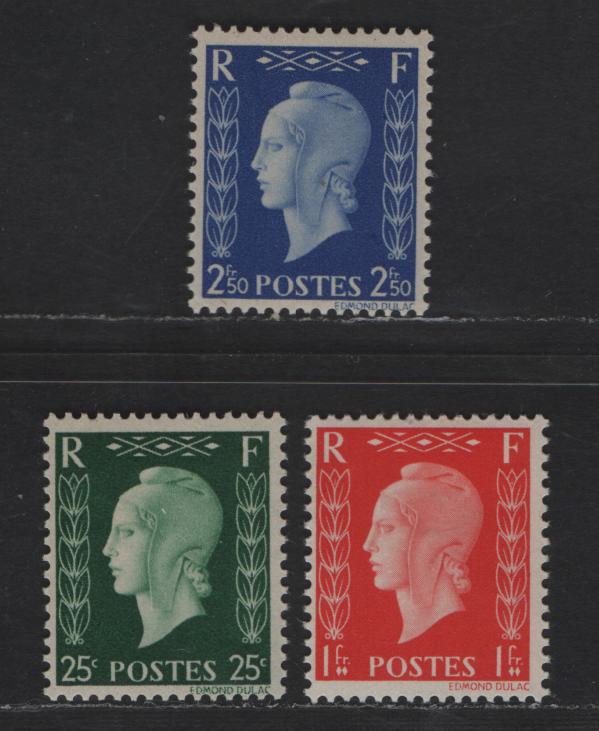 Lot 222 France SC#Unlisted 25c - 2.50fr Green - Deep Ultramarine Marianne, 1945 Photogravure Pictorial Issue, 3 F/VFOG Singles, Unissued, Printed In England, Footnoted In Scott