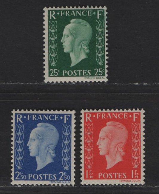Lot 223 France SC#Unlisted 25c - 2.50fr Green - Deep Ultramarine Marianne, 1945 Photogravure Pictorial Issue, 3 F/VFOG Singles, Unissued, Printed In England, Scarcer Set Inscribed 'France', Footnoted In Scott