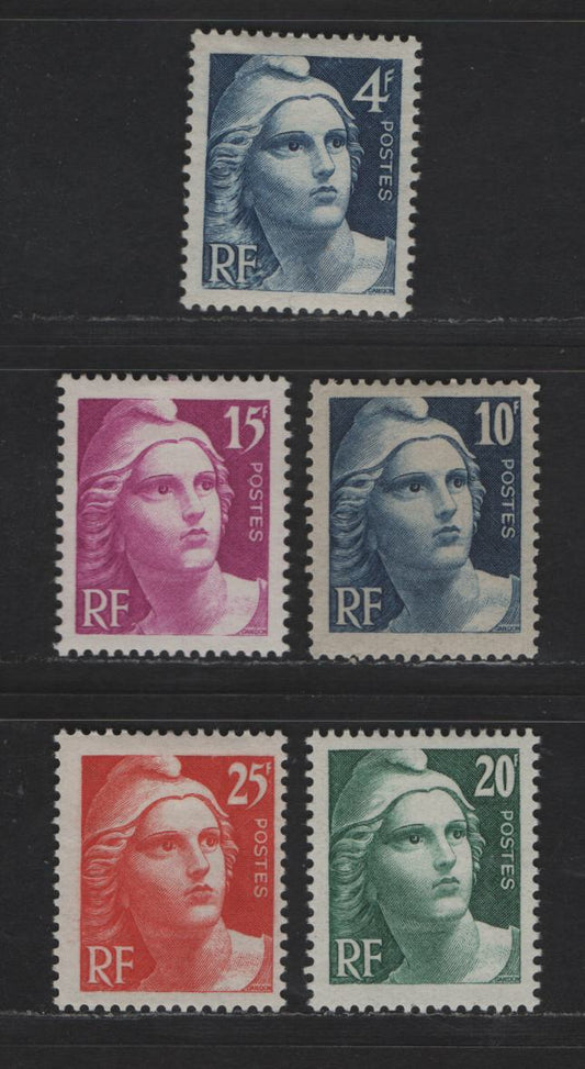 Lot 225 France SC#548-552 4fr - 25fr Dark Blue - Red Marianne, 1945-1946 Engraved High Value Issue, 5 F/VFOG Singles