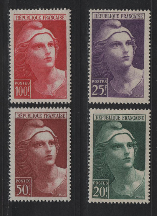 Lot 226 France SC#553-556 20fr - 100fr Dark Green - Bright Rose Carmine Marianne, 1945-1946 Engraved High Value Issue, 4 F/VFOG Singles