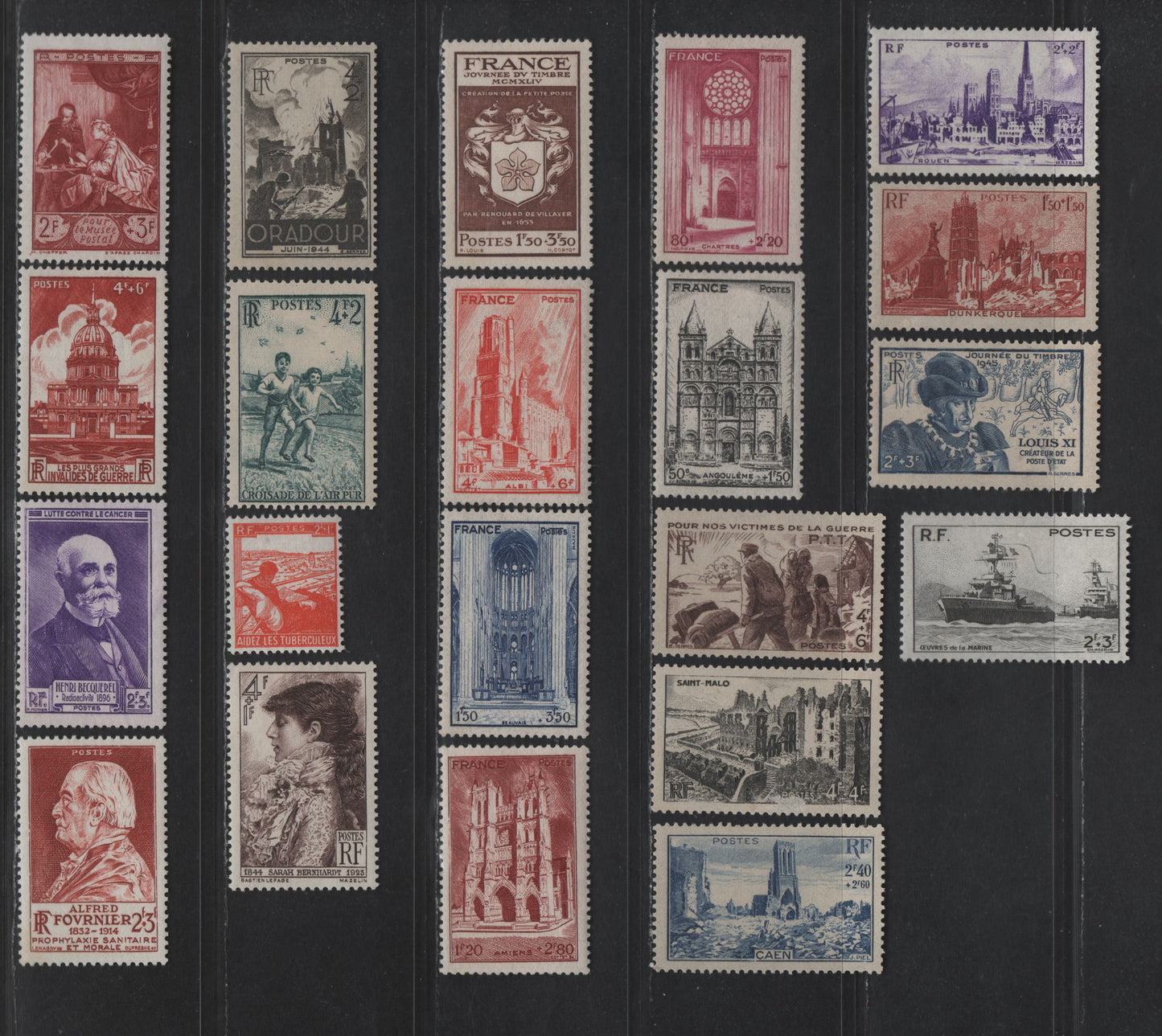 Lot 227 France SC#B185-B205 50c+1.5fr - 2fr+3fr Black - Brown Red French Cathedrals - The Letter, 1944-1946 Semi Postal Issues, 21 VFOG Singles