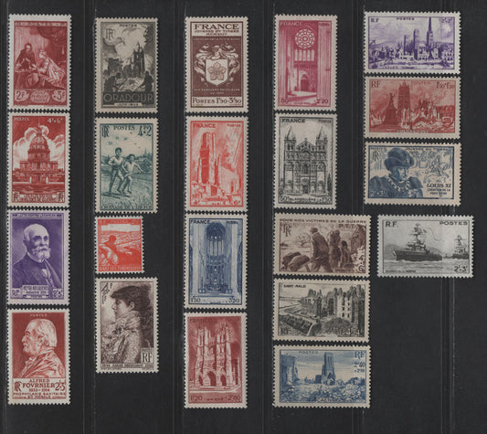 Lot 227 France SC#B185-B205 50c+1.5fr - 2fr+3fr Black - Brown Red French Cathedrals - The Letter, 1944-1946 Semi Postal Issues, 21 VFOG Singles