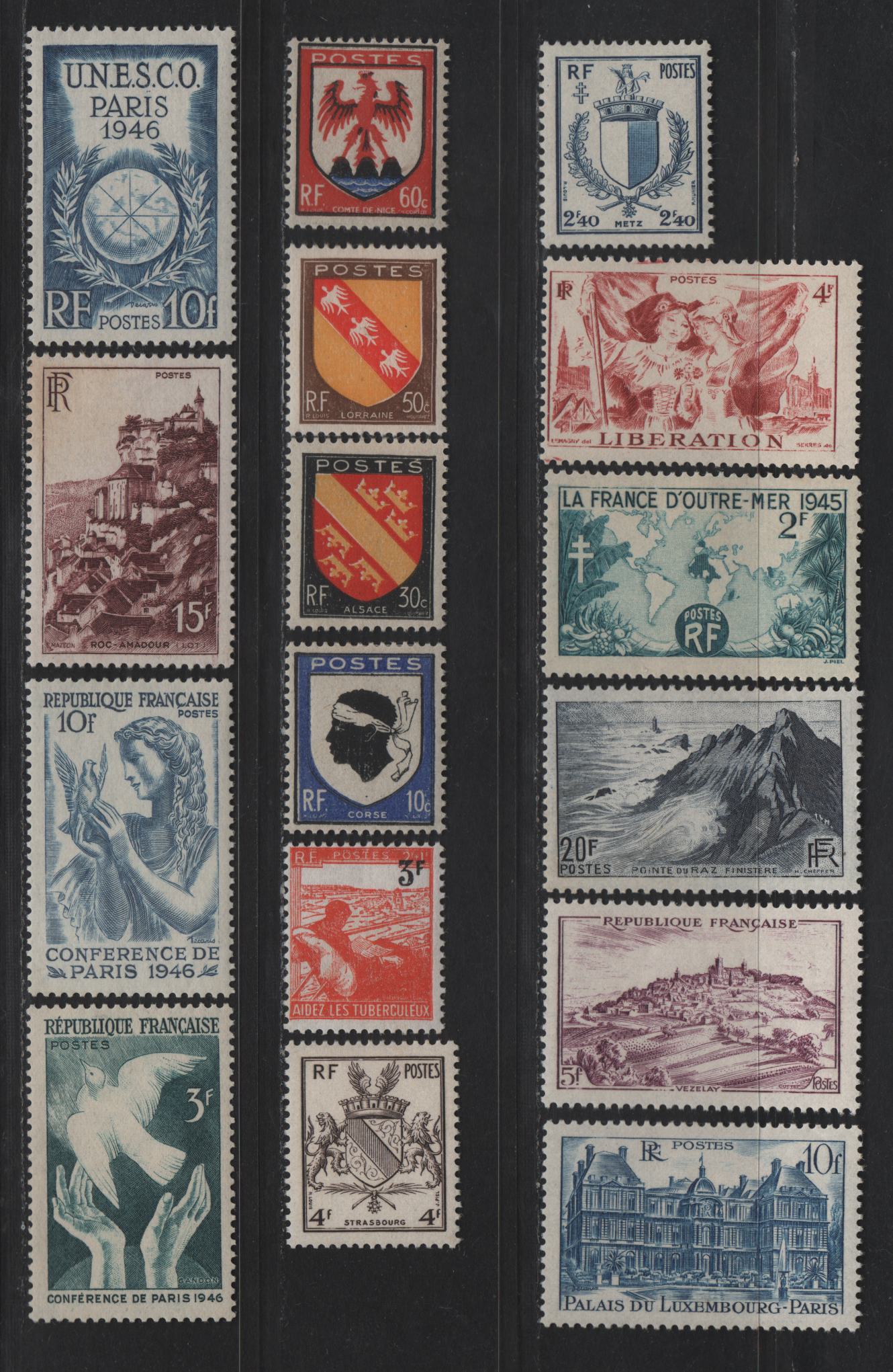 Lot 228 France SC#557-572 2.4fr - 10fr Dull Blue Arms - Globe & Wealth, 1945-1946 Liberation of Metz & Strasbourg - UNESCO Conference Issues, 16 F/VFOG Singles