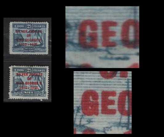 Lot 228 Cook Islands SC#99var (SG# 114a) 2.5d Dark Ultramarine & Blue Captain Cook - RMS Monowai, 1935 Silver Jubilee Issue, 2 VFNH Singles, Narrow First 'E' In George, Comparison Normal Stamp, Not Included, But Here For The Scan