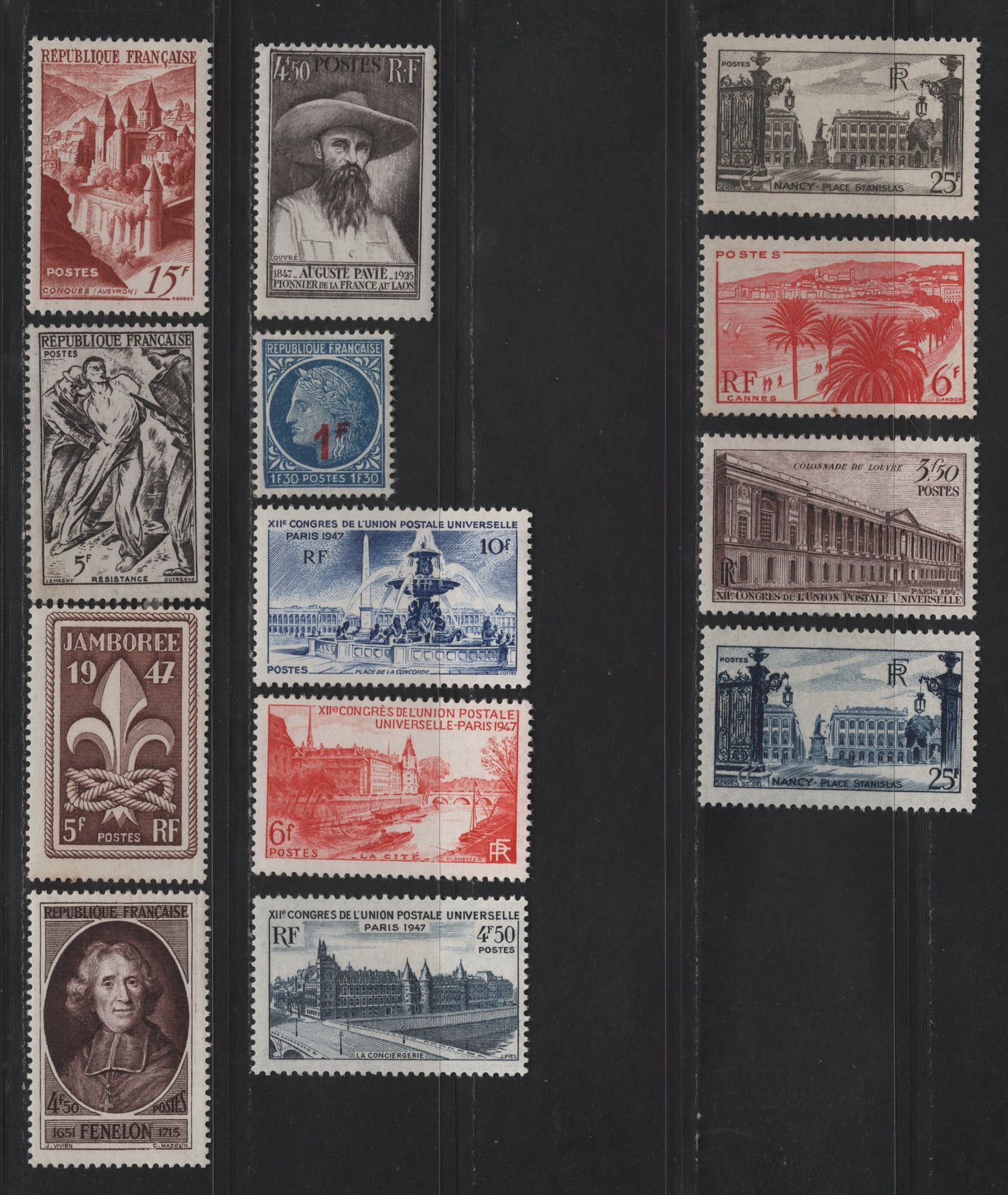 Lot 230 France SC#573-575, 581-590 6fr - 15fr Rose Red - Henna Brown Cannes - View of Conques, 1946-1948 Pictorial Defnitive Issues, 13 F/VFOG Singles