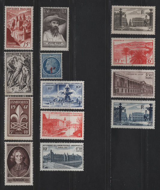 Lot 230 France SC#573-575, 581-590 6fr - 15fr Rose Red - Henna Brown Cannes - View of Conques, 1946-1948 Pictorial Defnitive Issues, 13 F/VFOG Singles