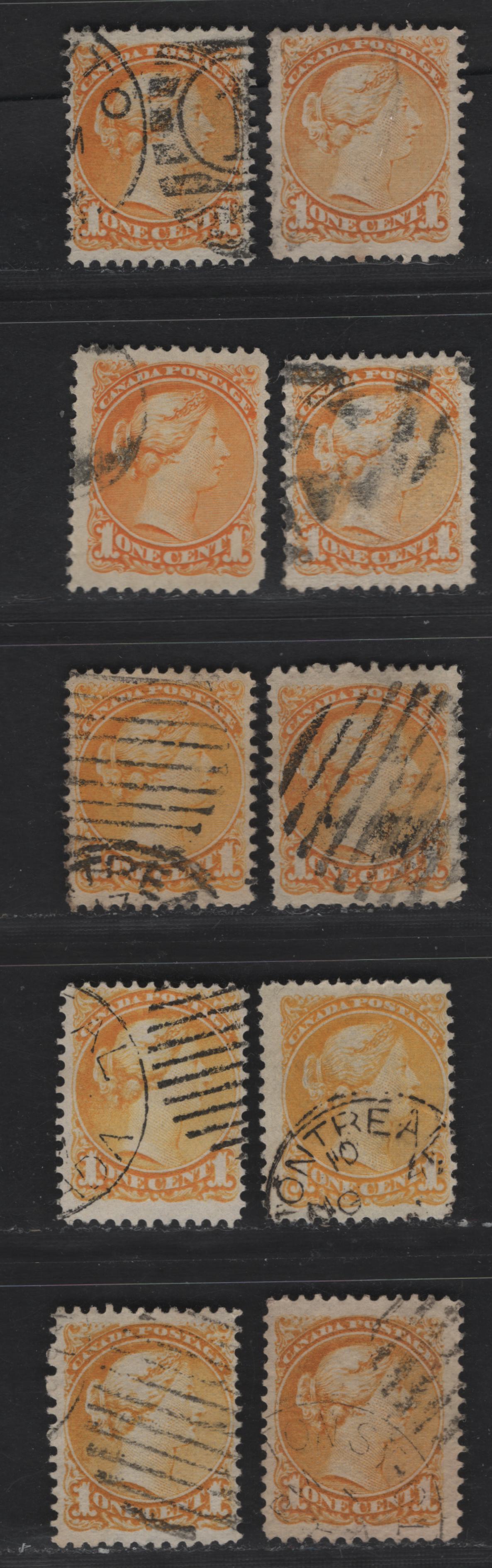 Lot 23 Canada #35i 1c Orange Yellow Queen Victoria, 1870-1893 Small Queen Issue, 10 Fine Used Singles, Mid To Late Montreal Printings, Paper Types MM-B, LM-F, LM-A, LM-C, LM-G & LM-D, Without Plate Dots