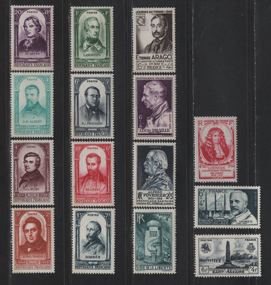 Lot 232 France SC#B218-B232 4.50fr+5.5fr - 6fr+4fr Carmine Rose - Dark Greenish Blue Francois Michel - Dr. Leon Charles Albert Calmette, 1947 Semi Postal Issues, 15 VFOG Singles