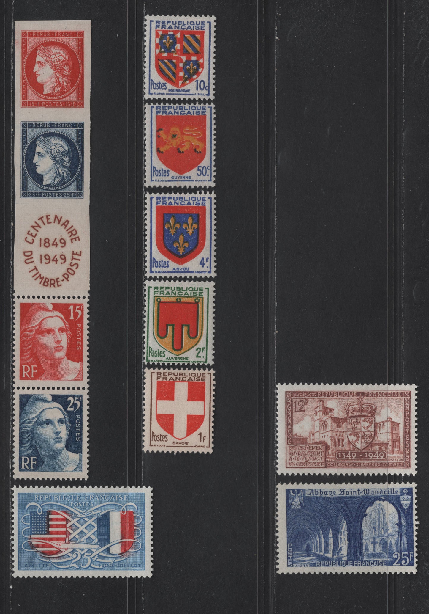 Lot 234 France SC#615a-616-623 15fr - 25fr Red - Deep Ultramarine Marianne - Cloister of St. Wandrille Abbey, 1949 Postage Stamp Centenary - Wandrille Abbey Issues, 9 F/VFOG Singles & Strip Of 5