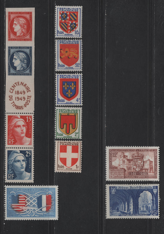 Lot 234 France SC#615a-616-623 15fr - 25fr Red - Deep Ultramarine Marianne - Cloister of St. Wandrille Abbey, 1949 Postage Stamp Centenary - Wandrille Abbey Issues, 9 F/VFOG Singles & Strip Of 5